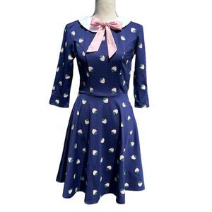 Unique Vintage Retro Inspired 50’s Navy Strawberry Fit & Flare Dress S